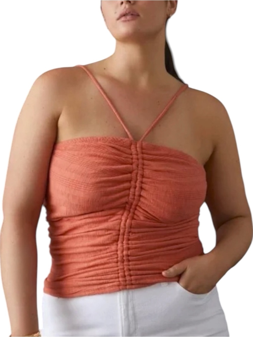 PILCRO Anthropologie Ruched Ribbed Halter Crop Top Burnt Orange Y2K Small